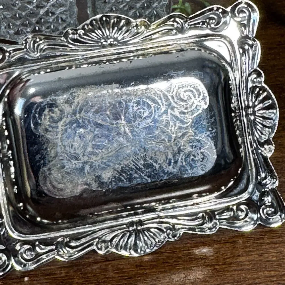 Vintage Mini Salt & Pepper Shakers Silver Plated Tray Clear Diamond Point Glass